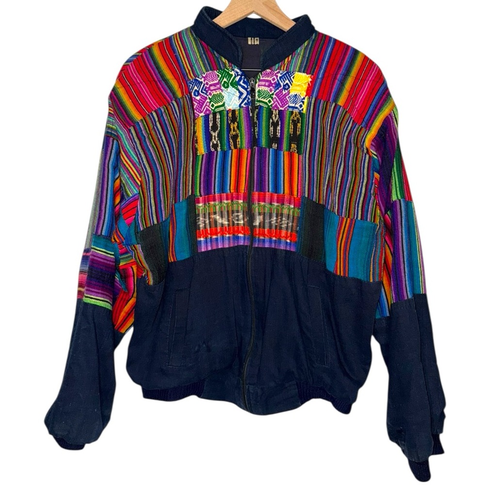 Vintage 70s Colorful Patchwork Hand Tailored Striped Jacket Cotton Quilted Retro
